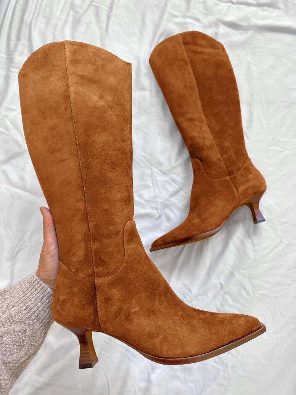 Women's Brown Wide Calf Pointed Toe Side Zipper Fall Knee High Winter Heel Boots - Picture 2 of 5